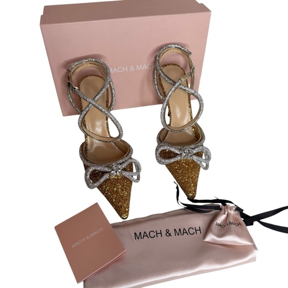 MACH & MACH Double Bow Crystal Gold Glitter Heels size 41.5/11.5 - Picture 2 of 12